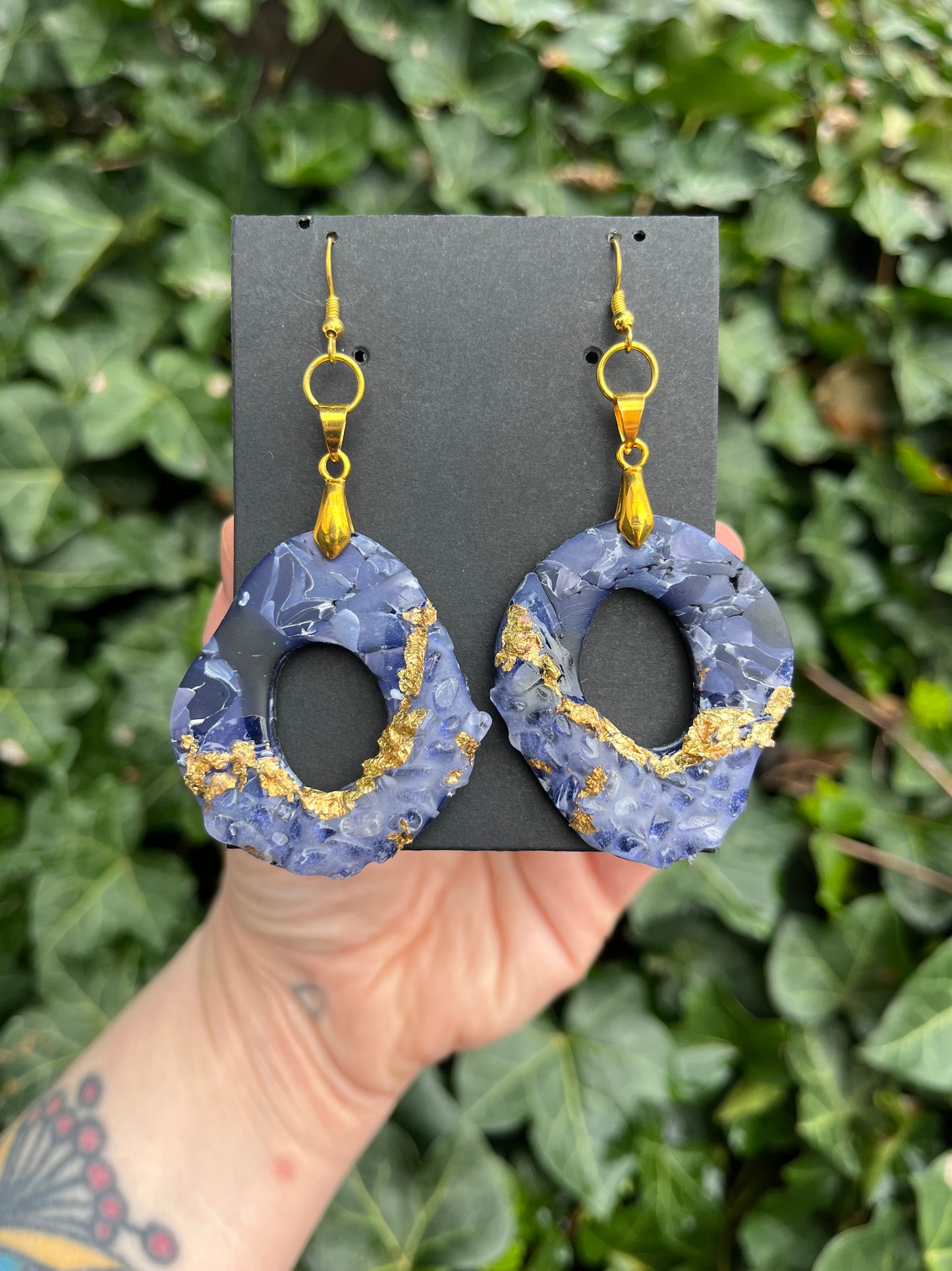 Polymer Clay with Quartz and Gold Leaf Dangly Earrings