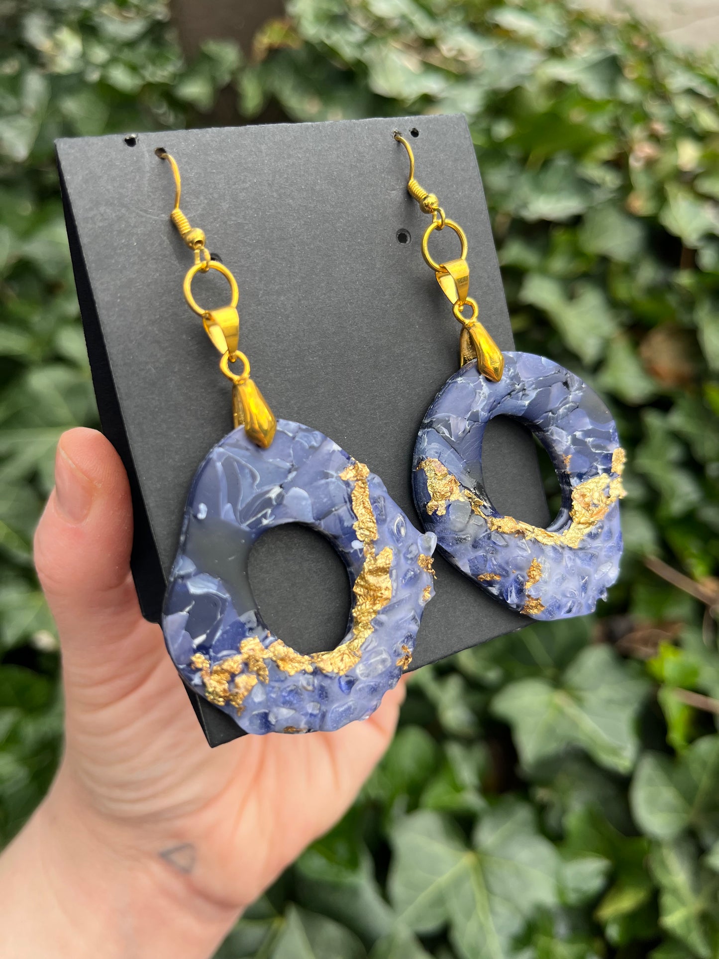 Polymer Clay with Quartz and Gold Leaf Dangly Earrings