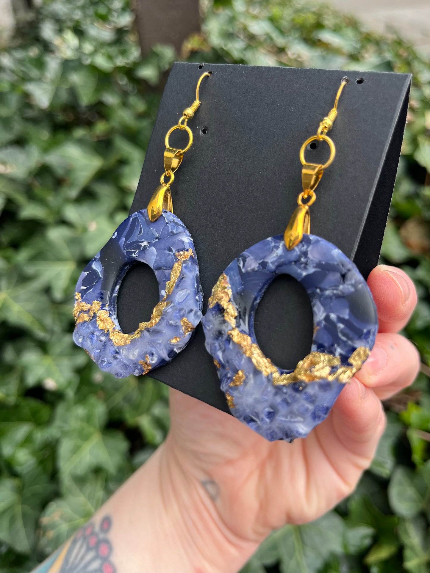 Polymer Clay with Quartz and Gold Leaf Dangly Earrings