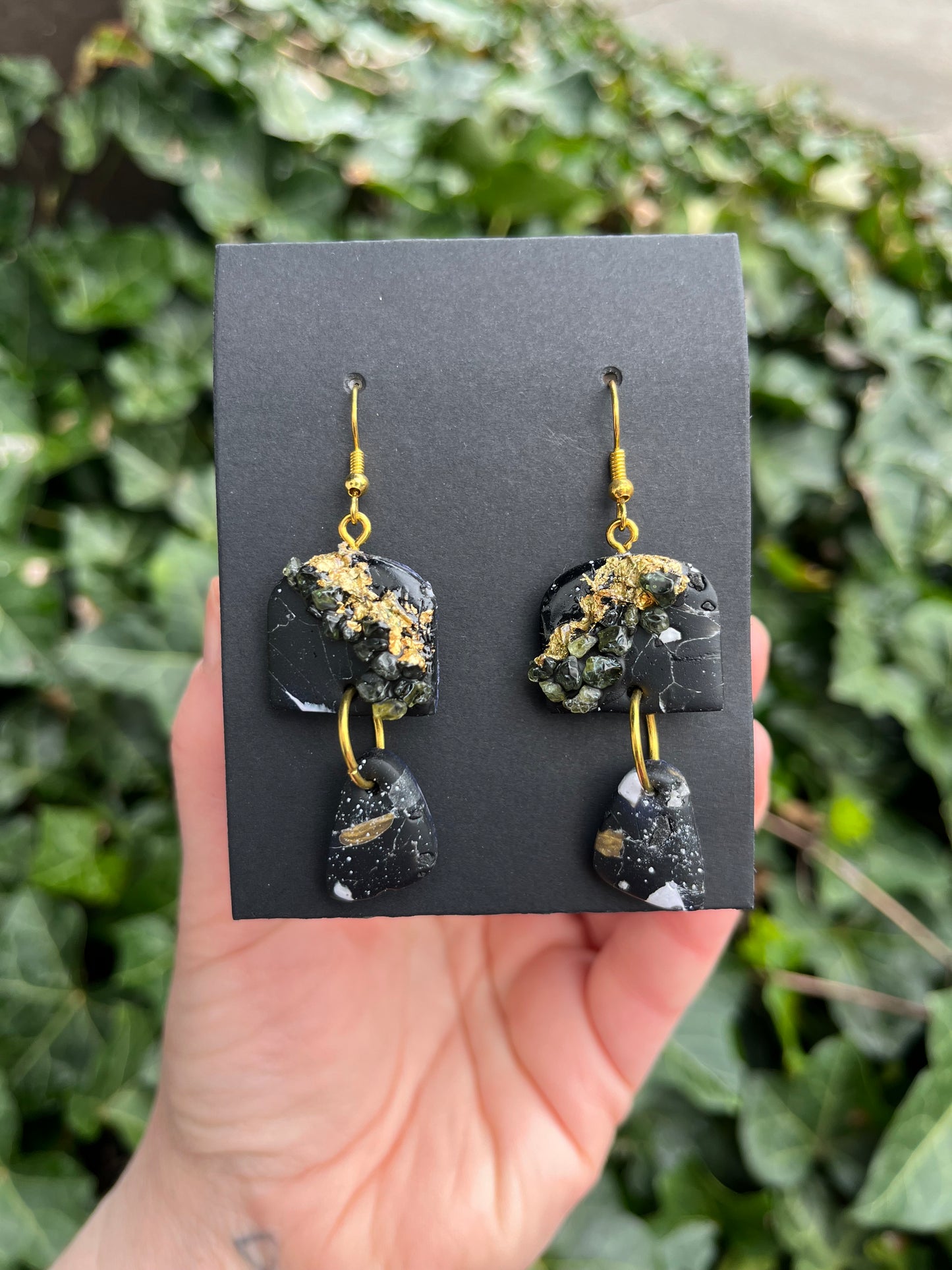 Marble Inspired Polymer Clay Earrings with Peridot & Gold Leaf