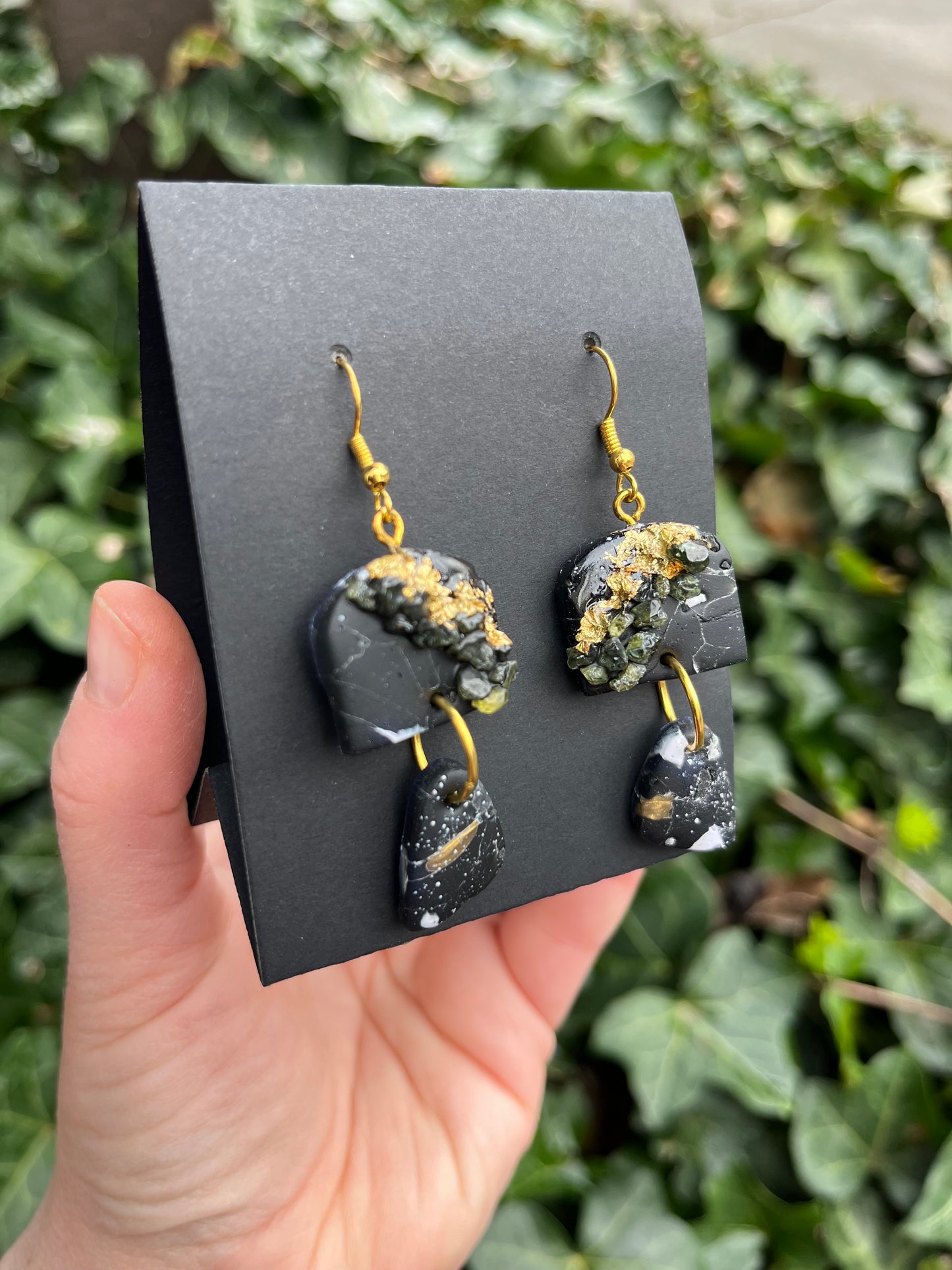 Marble Inspired Polymer Clay Earrings with Peridot & Gold Leaf