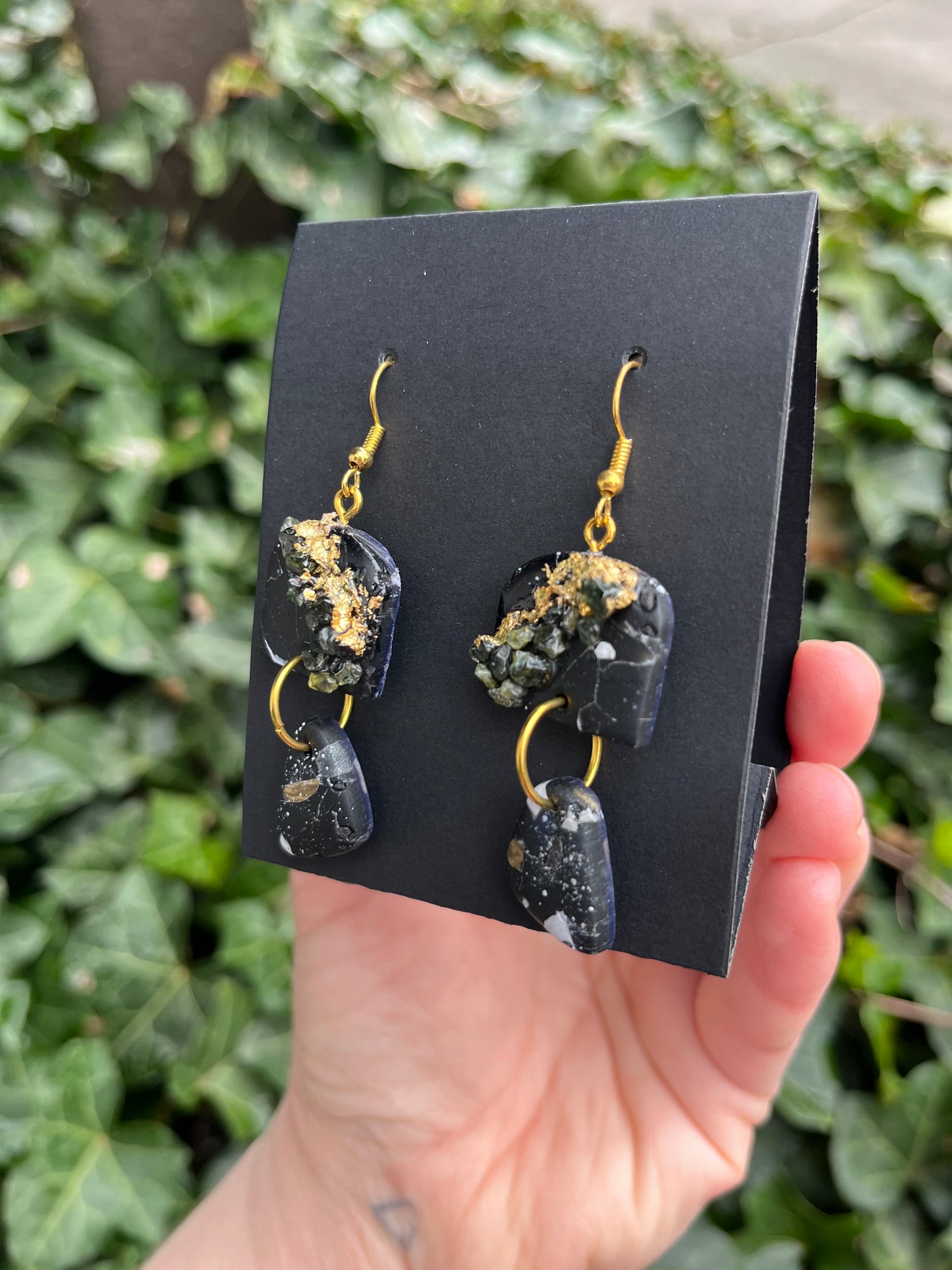 Marble Inspired Polymer Clay Earrings with Peridot & Gold Leaf