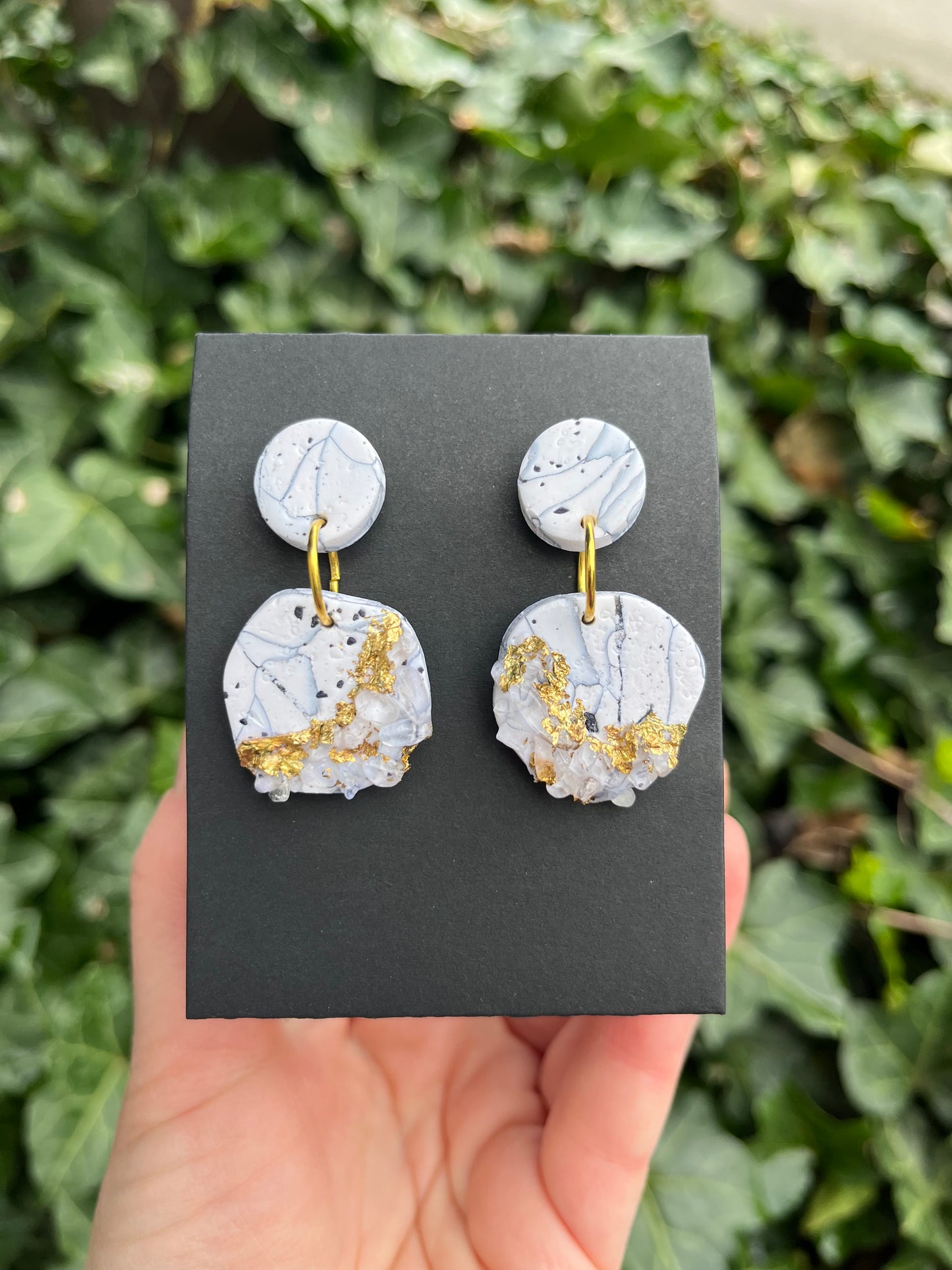 Lace Agate Inspired Polymer Clay Earrings w/ Gold Leaf and Quartz