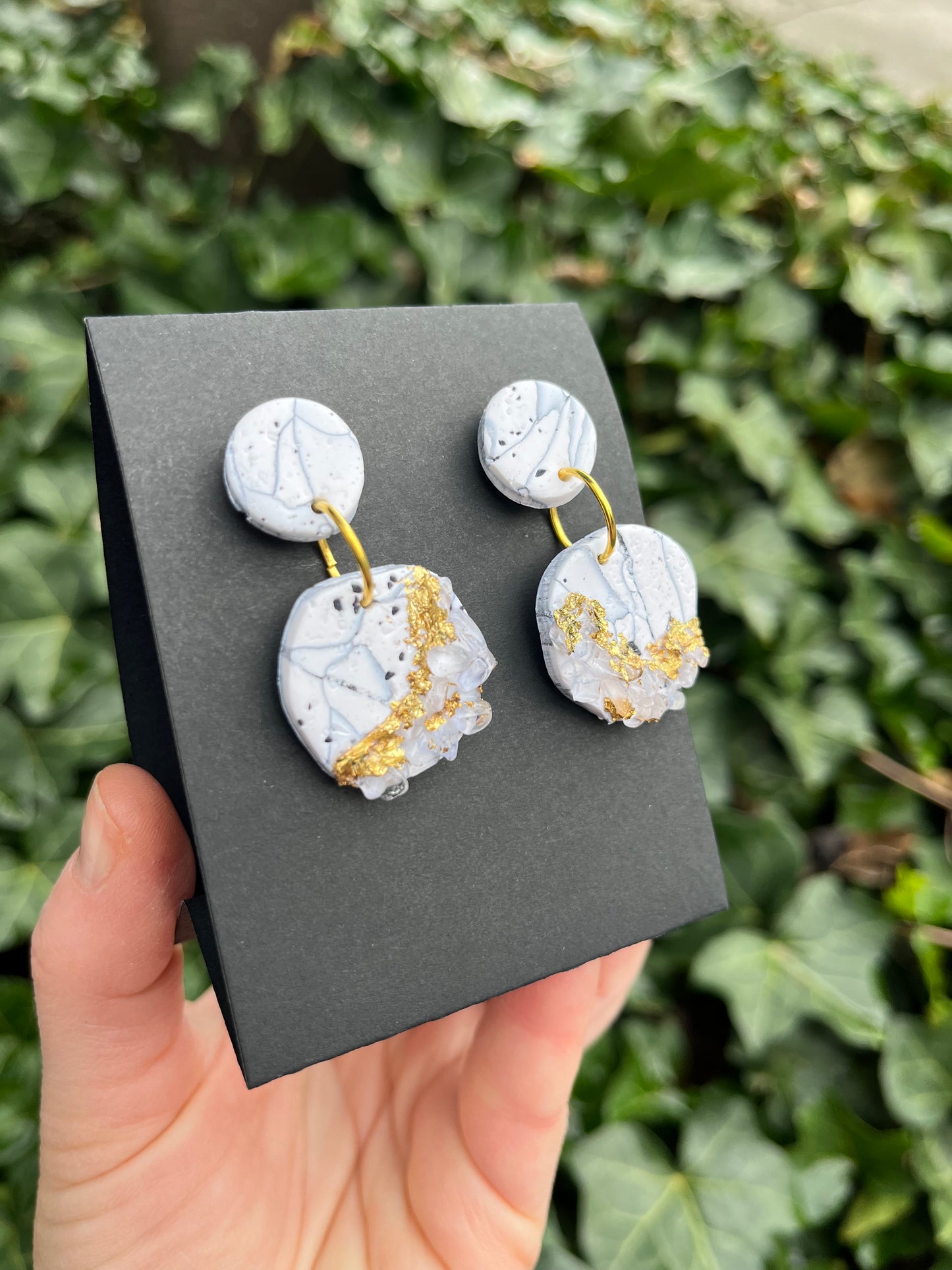 Lace Agate Inspired Polymer Clay Earrings w/ Gold Leaf and Quartz
