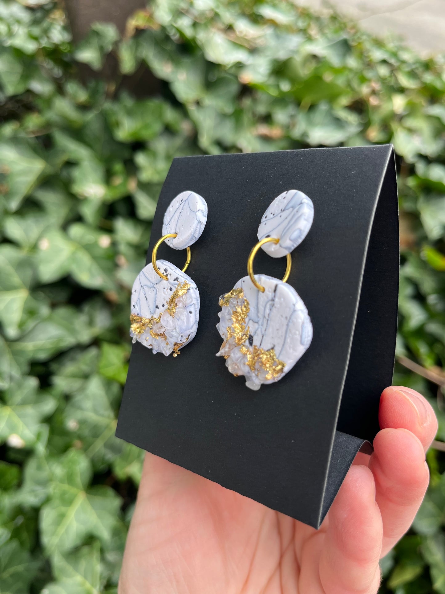Lace Agate Inspired Polymer Clay Earrings w/ Gold Leaf and Quartz