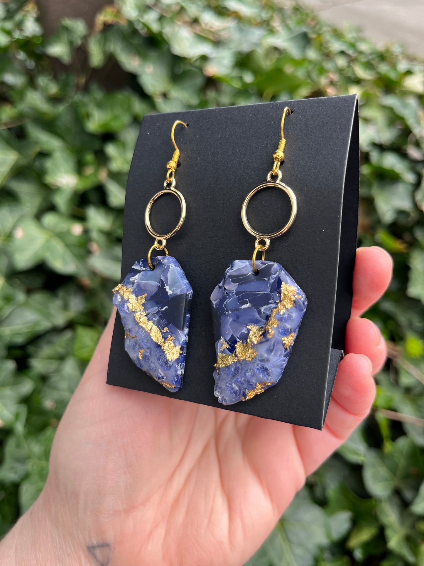Marble Inspired Polymer Clay Earrings w/ Gold Leaf & Quartz