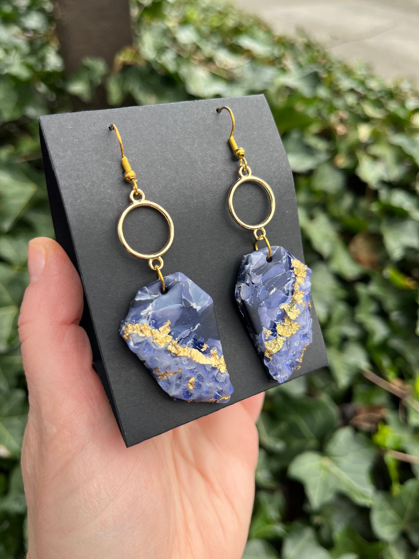 Marble Inspired Polymer Clay Earrings w/ Gold Leaf & Quartz