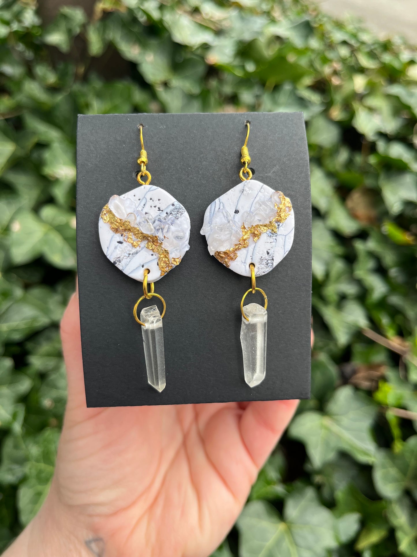 Lace Agate Inspired Polymer Clay Earrings w/ Quartz and Gold Leaf