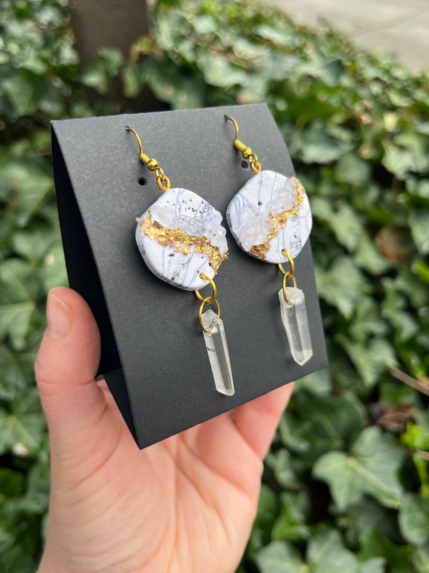 Lace Agate Inspired Polymer Clay Earrings w/ Quartz and Gold Leaf