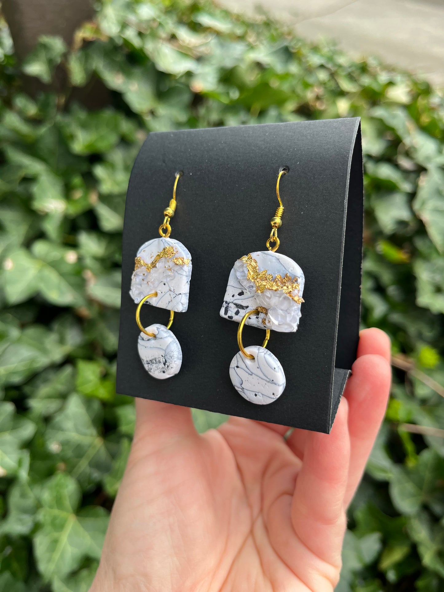 Lace Agate Inspired Polymer Clay Earrings w/ Quartz and Gold Leaf