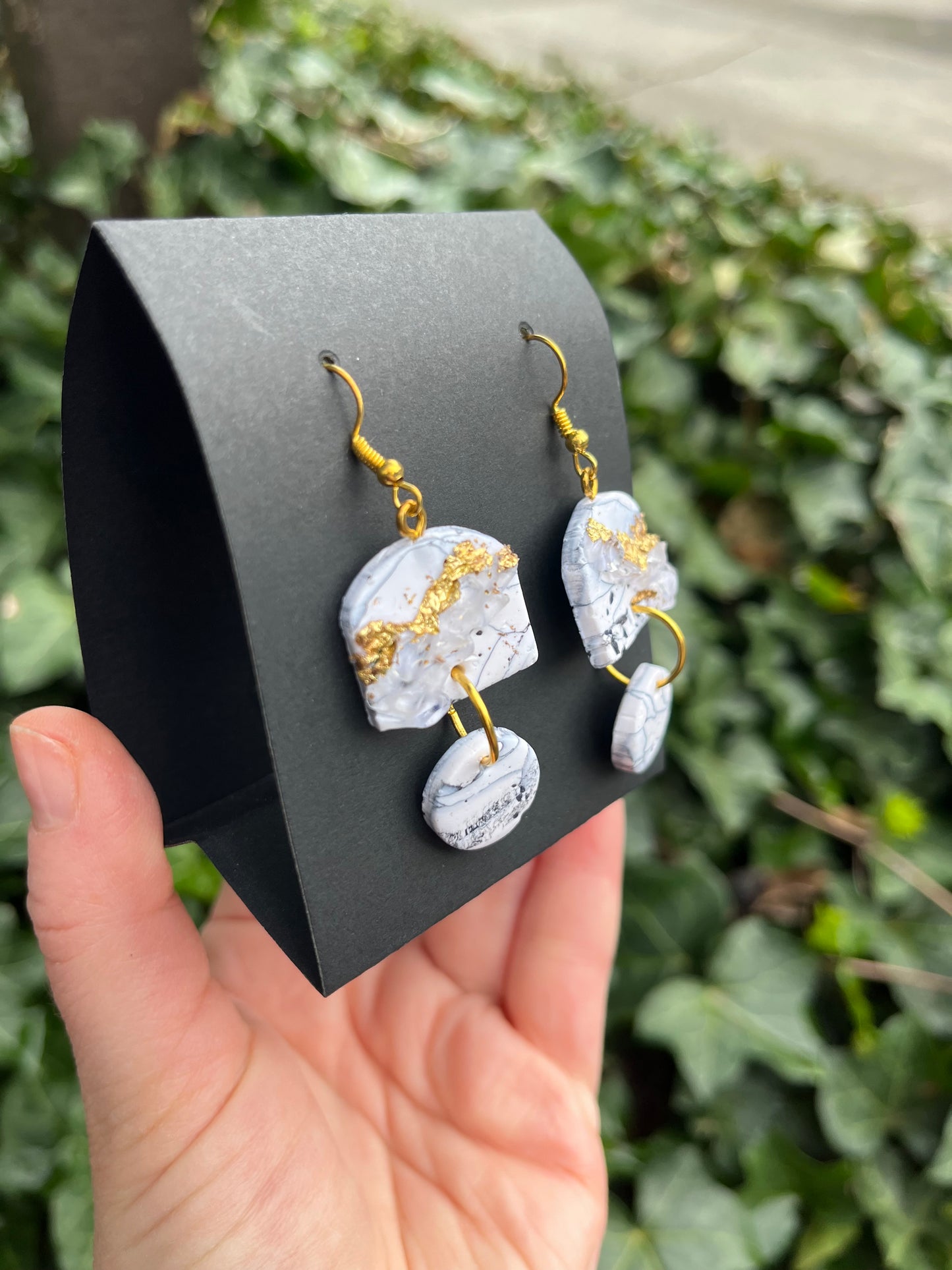 Lace Agate Inspired Polymer Clay Earrings w/ Quartz and Gold Leaf