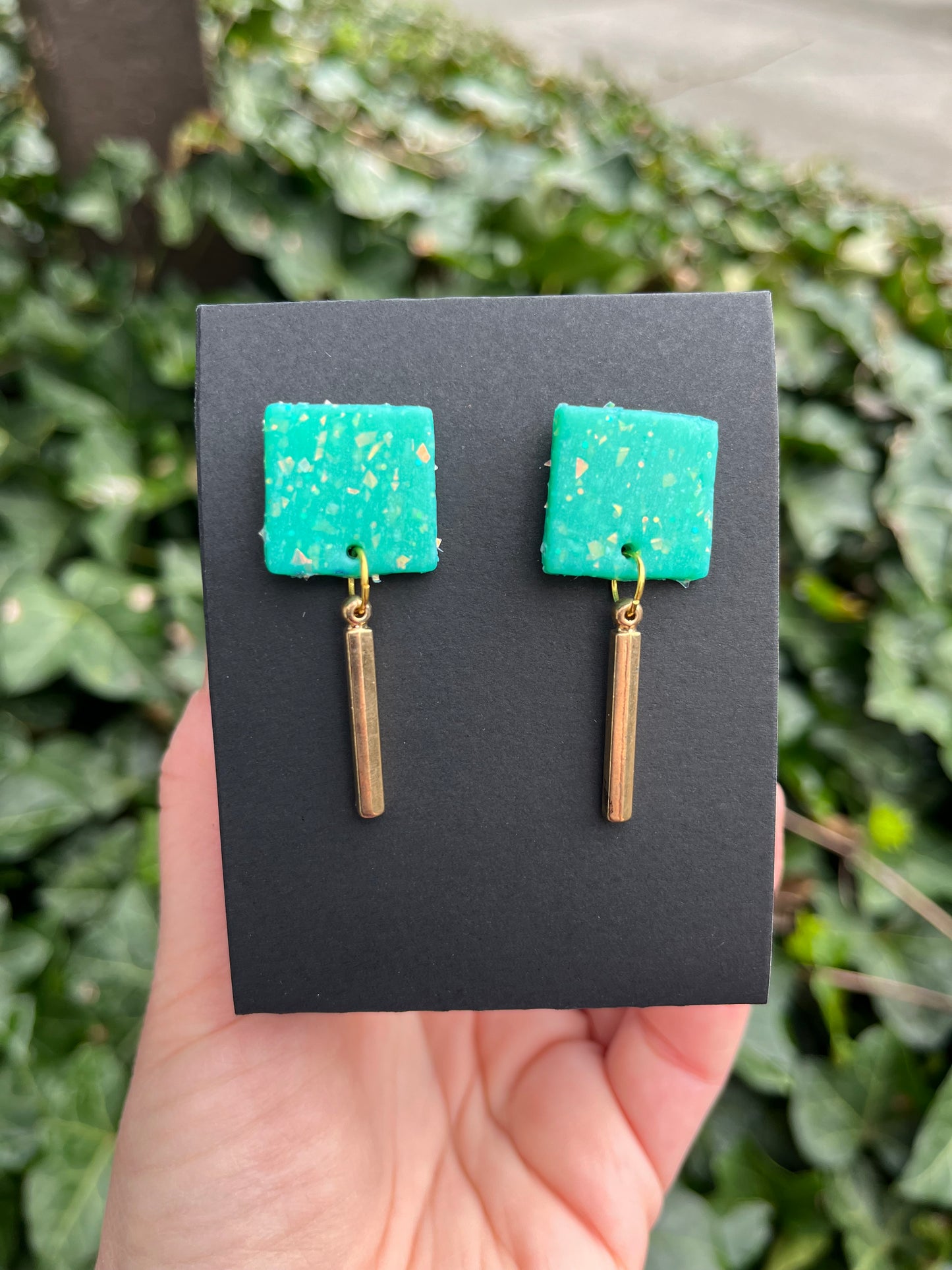 Green Sparkle Polymer Clay Earrings - Gold drops