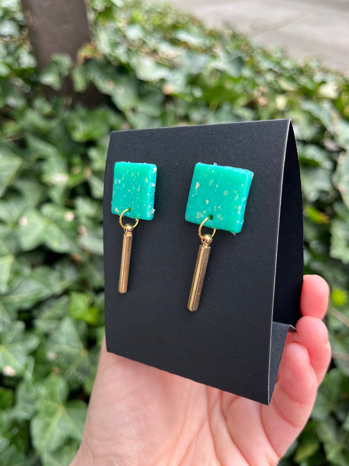 Green Sparkle Polymer Clay Earrings - Gold drops