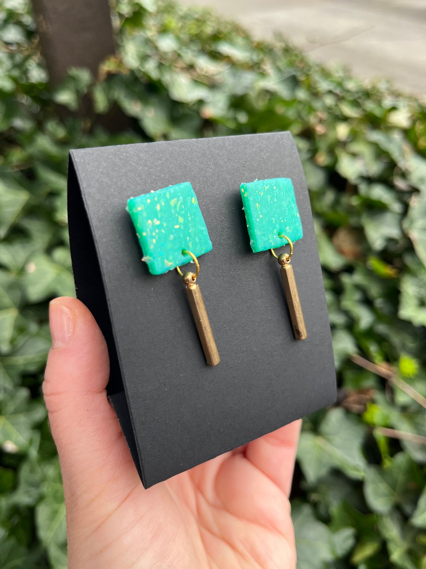 Green Sparkle Polymer Clay Earrings - Gold drops