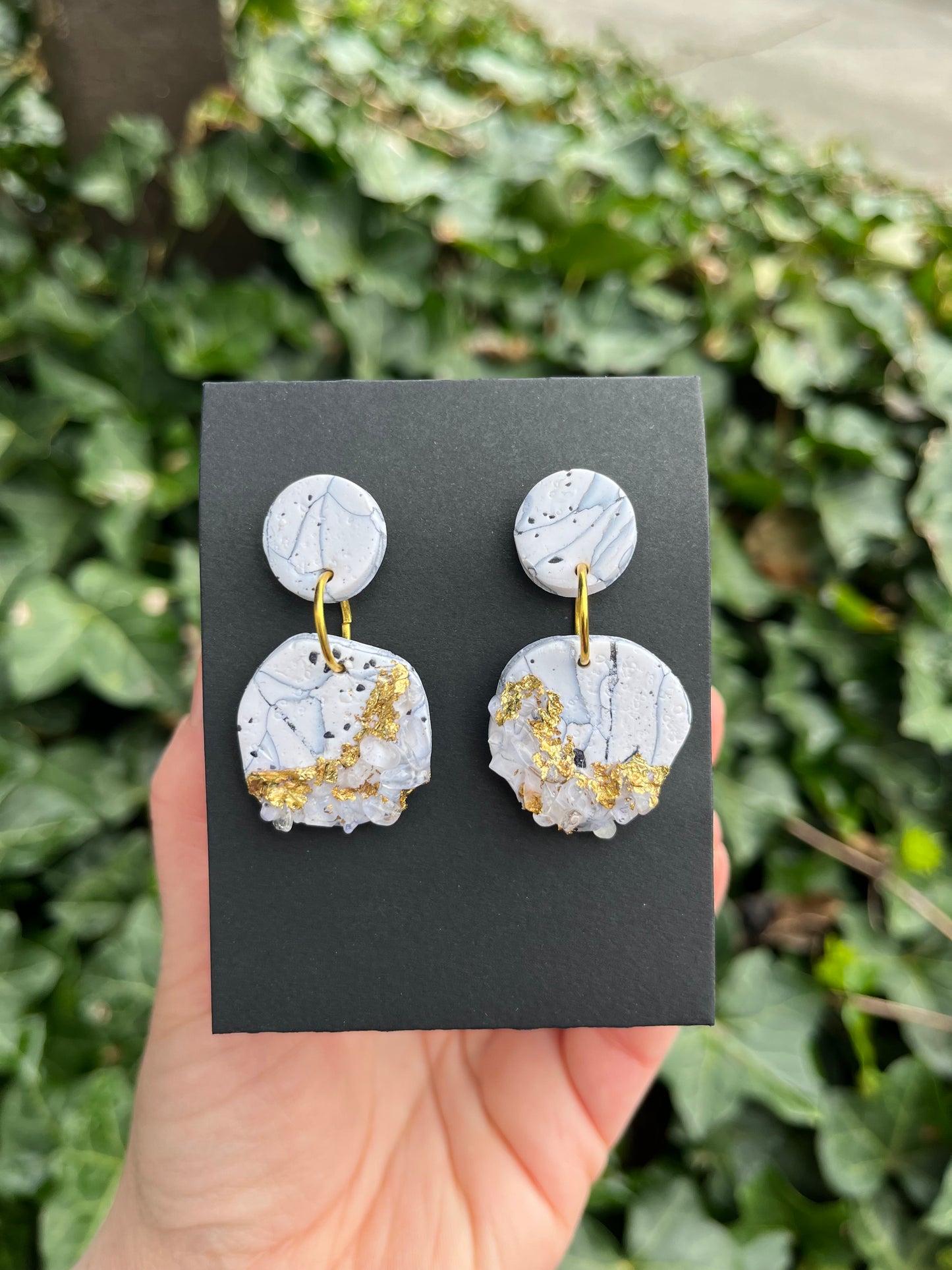 Lace Agate Inspired Polymer Clay Earrings w/ Gold Leaf & Quartz
