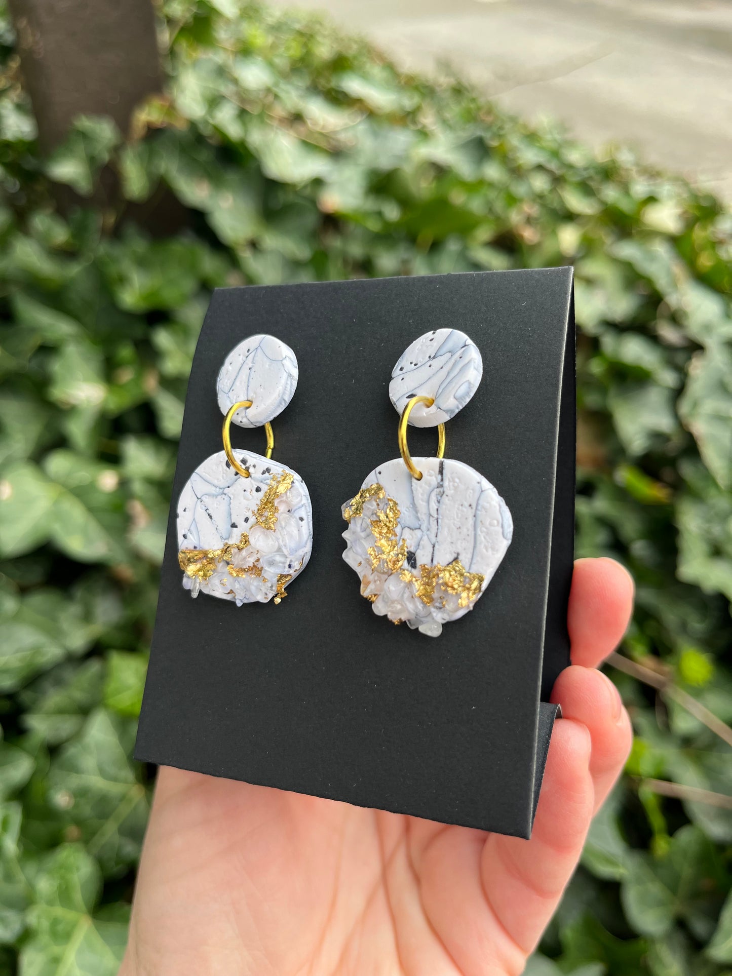 Lace Agate Inspired Polymer Clay Earrings w/ Gold Leaf & Quartz