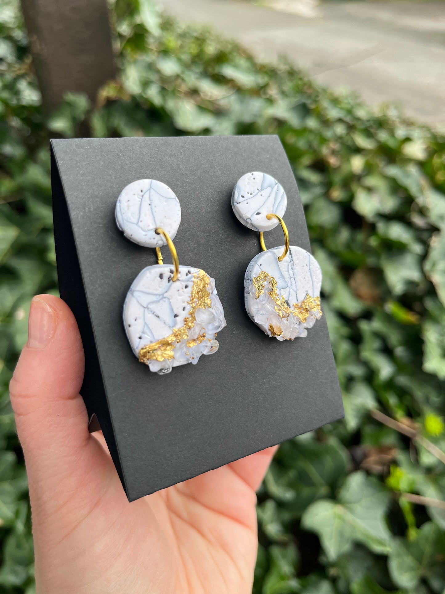 Lace Agate Inspired Polymer Clay Earrings w/ Gold Leaf & Quartz