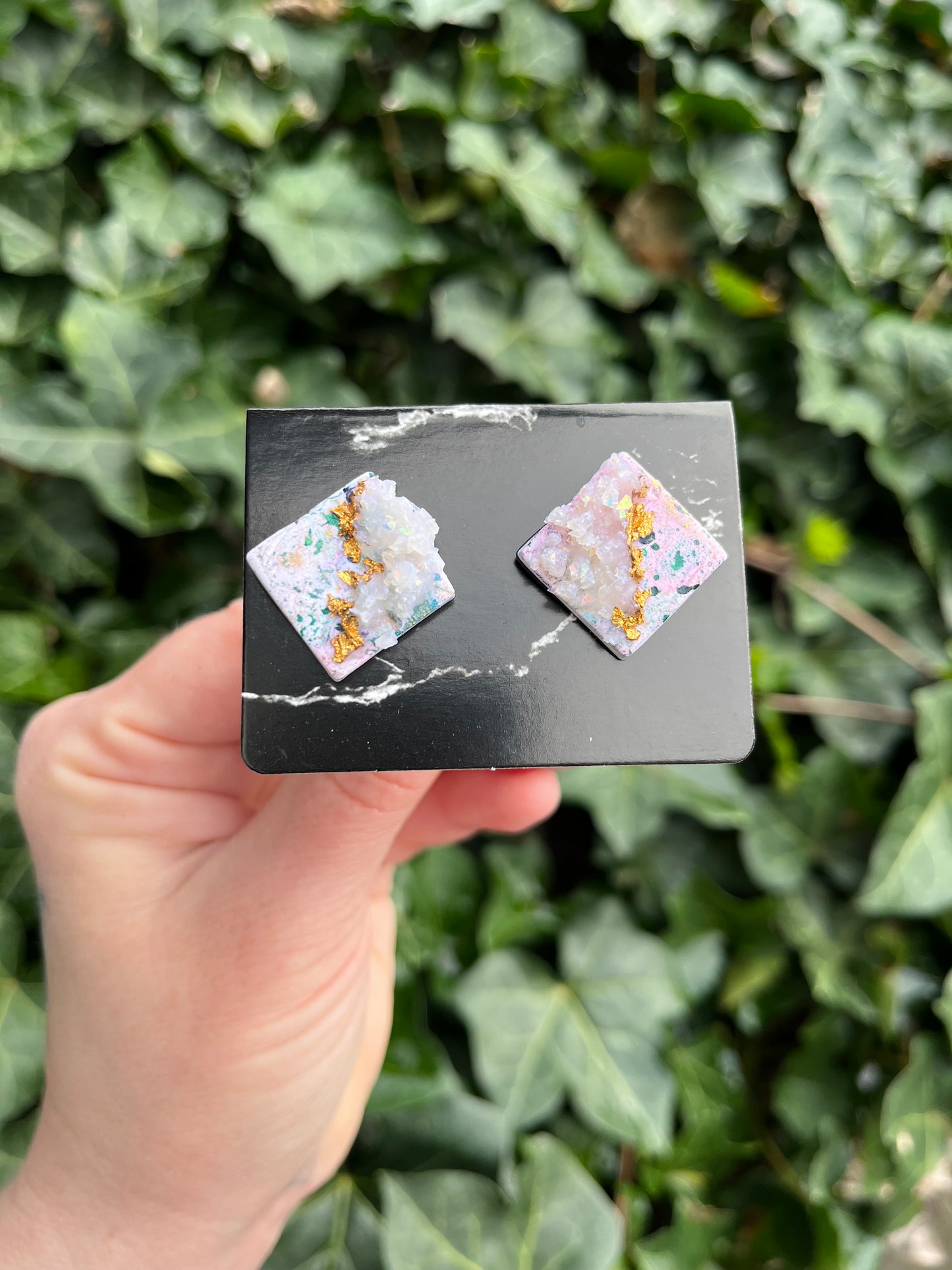 Geode Inspired Polymer Clay Earrings w/ Gold Leaf - Studs
