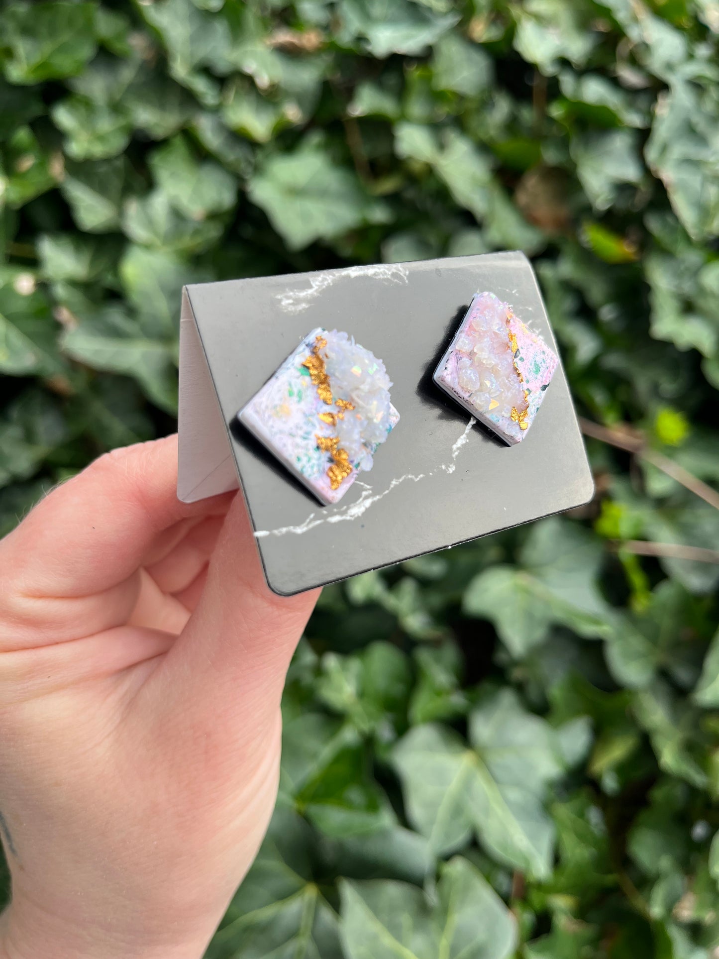 Geode Inspired Polymer Clay Earrings w/ Gold Leaf - Studs