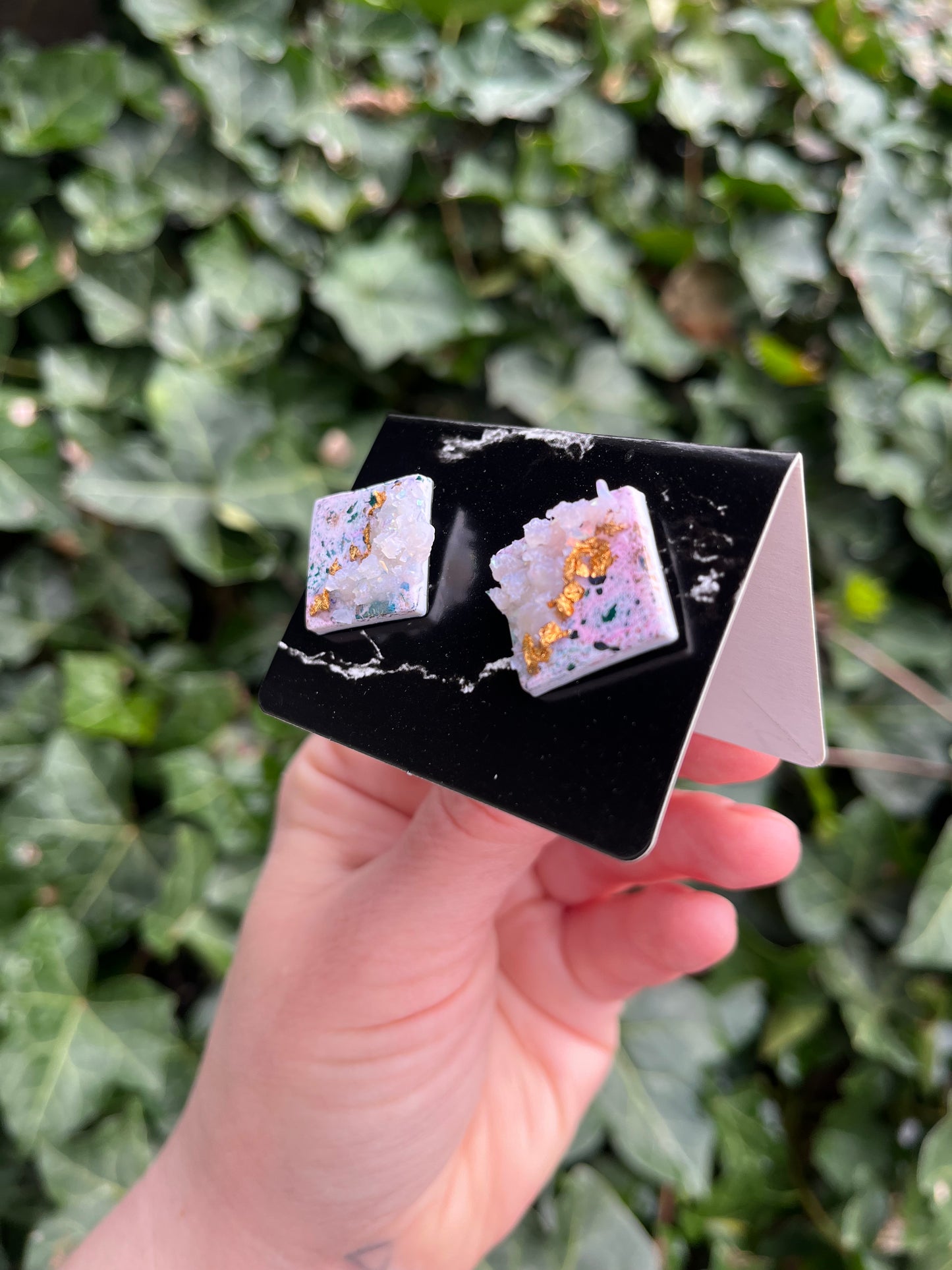 Geode Inspired Polymer Clay Earrings w/ Gold Leaf - Studs