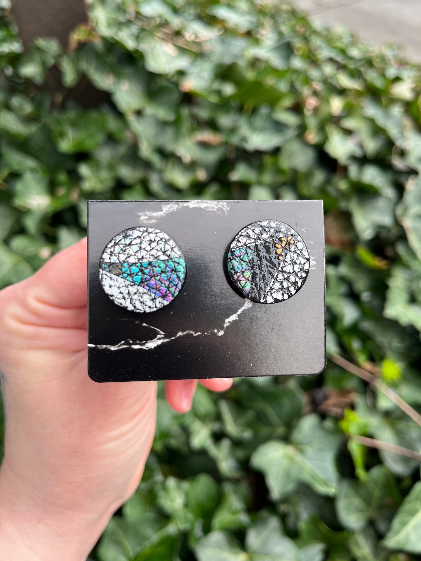 Leather Round Stud Earrings with Metallic Metal Foiling - Iridescent