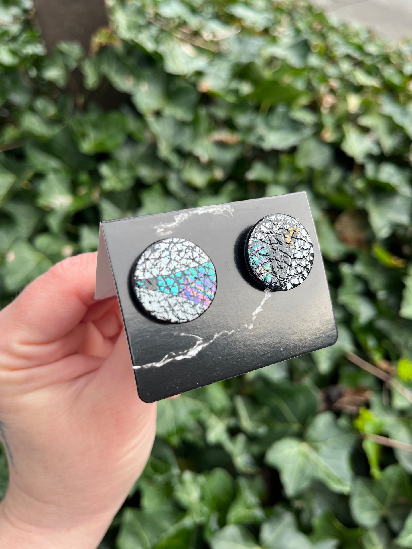Leather Round Stud Earrings with Metallic Metal Foiling - Iridescent