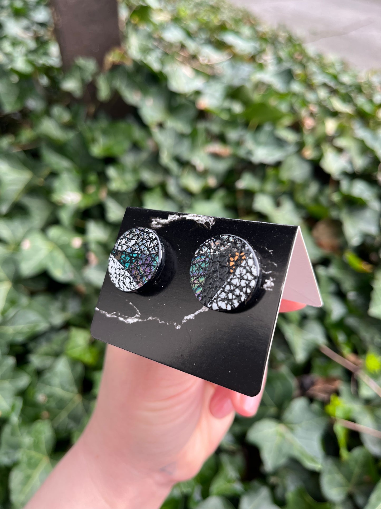 Leather Round Stud Earrings with Metallic Metal Foiling - Iridescent