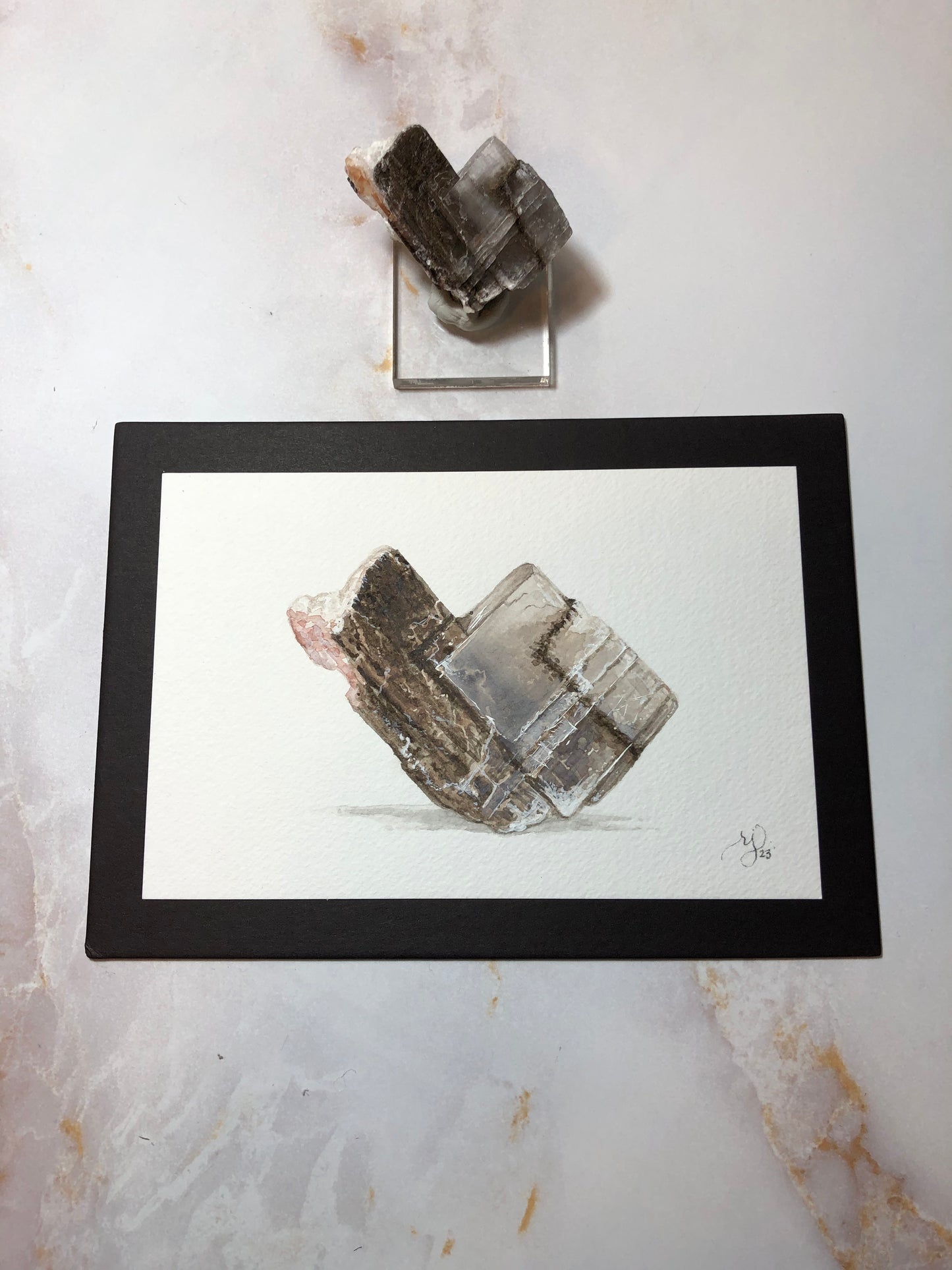 π UV rhombus AZ Calcite with Watercolor painting.