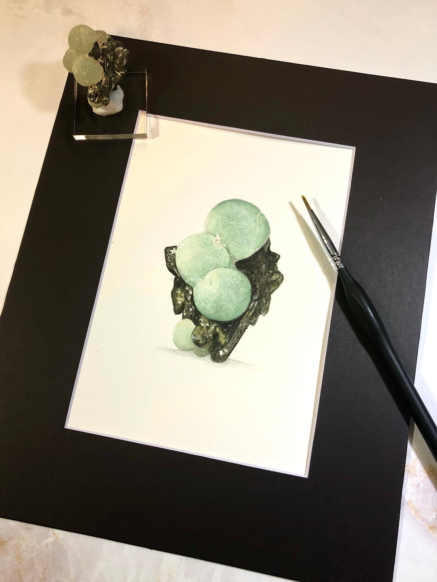 Prehnite w/ epidote watercolor with specimens.