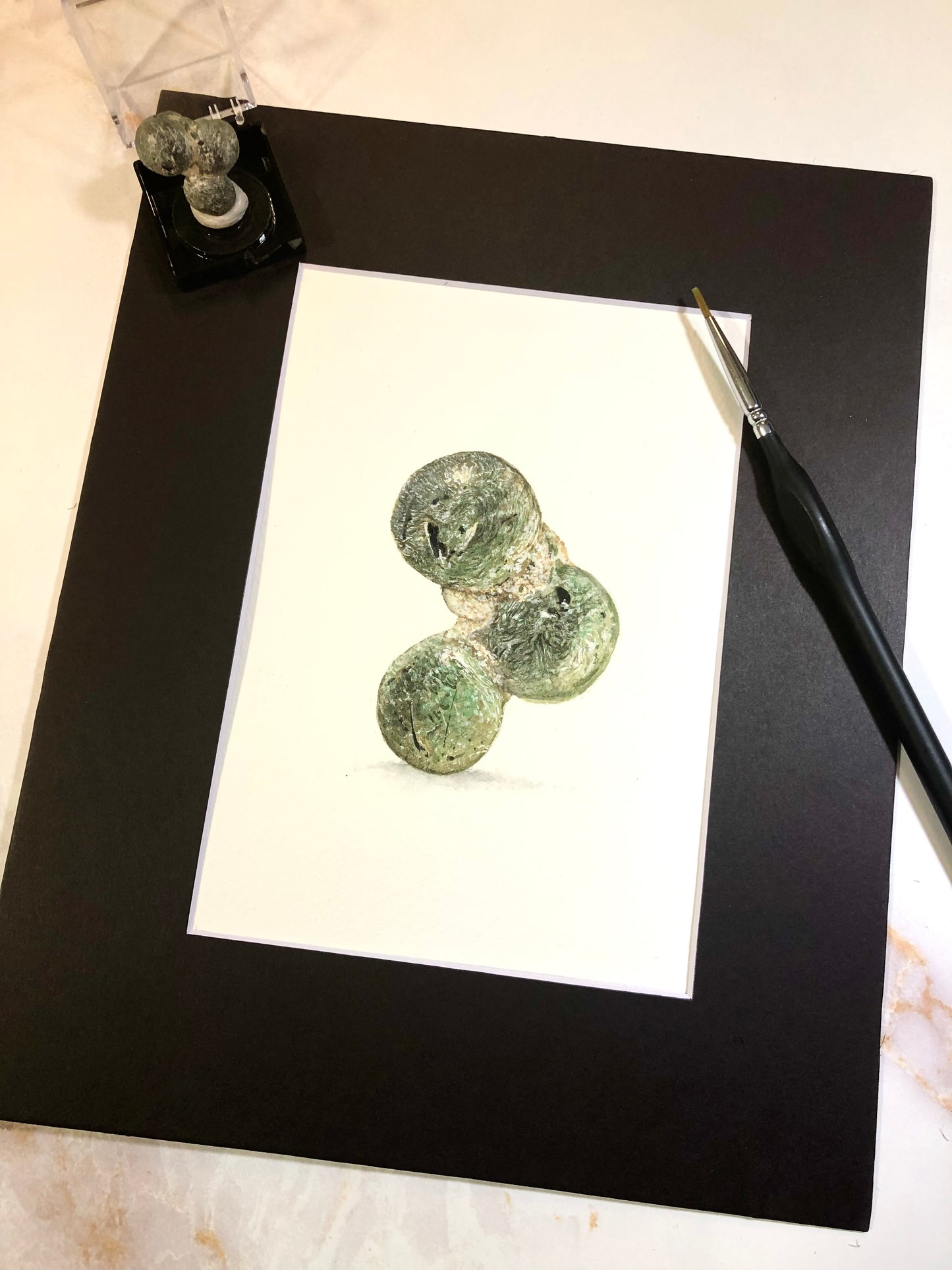 Prehnite watercolor with specimens.