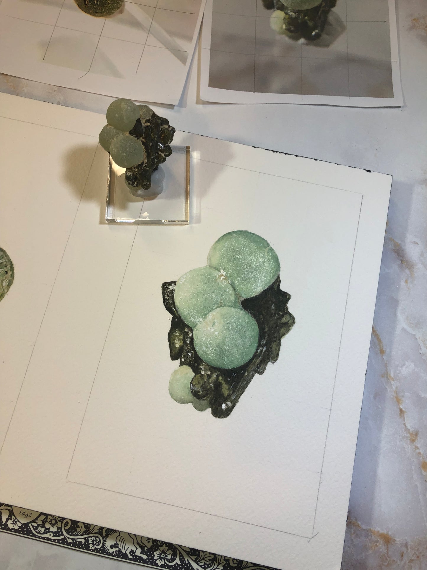 Prehnite w/ epidote watercolor with specimens.