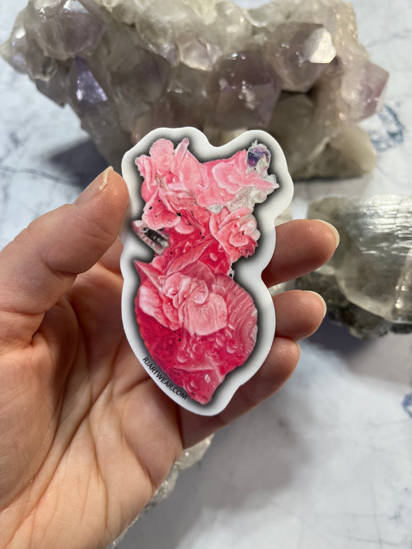 Rhodochrosite Cluster with Fluorite Sticker or Magnet