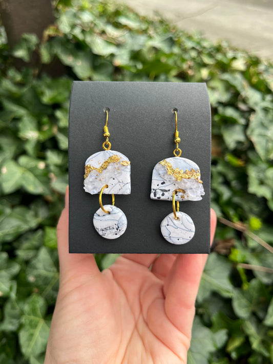 Lace Agate  Inspired Polymer Clay Earrings w/ Quartz and Gold Leaf