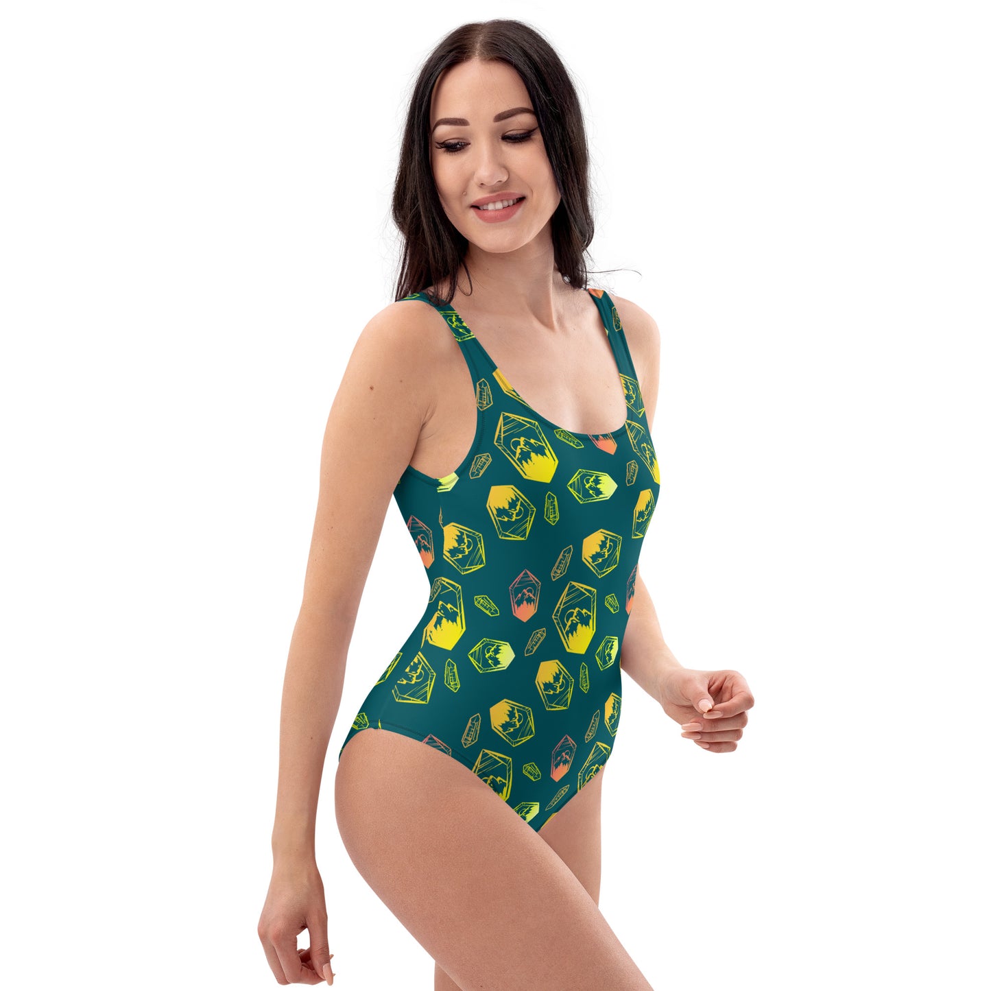 Neon Crystal Mountain One-Piece Swimsuit - Deep Teal