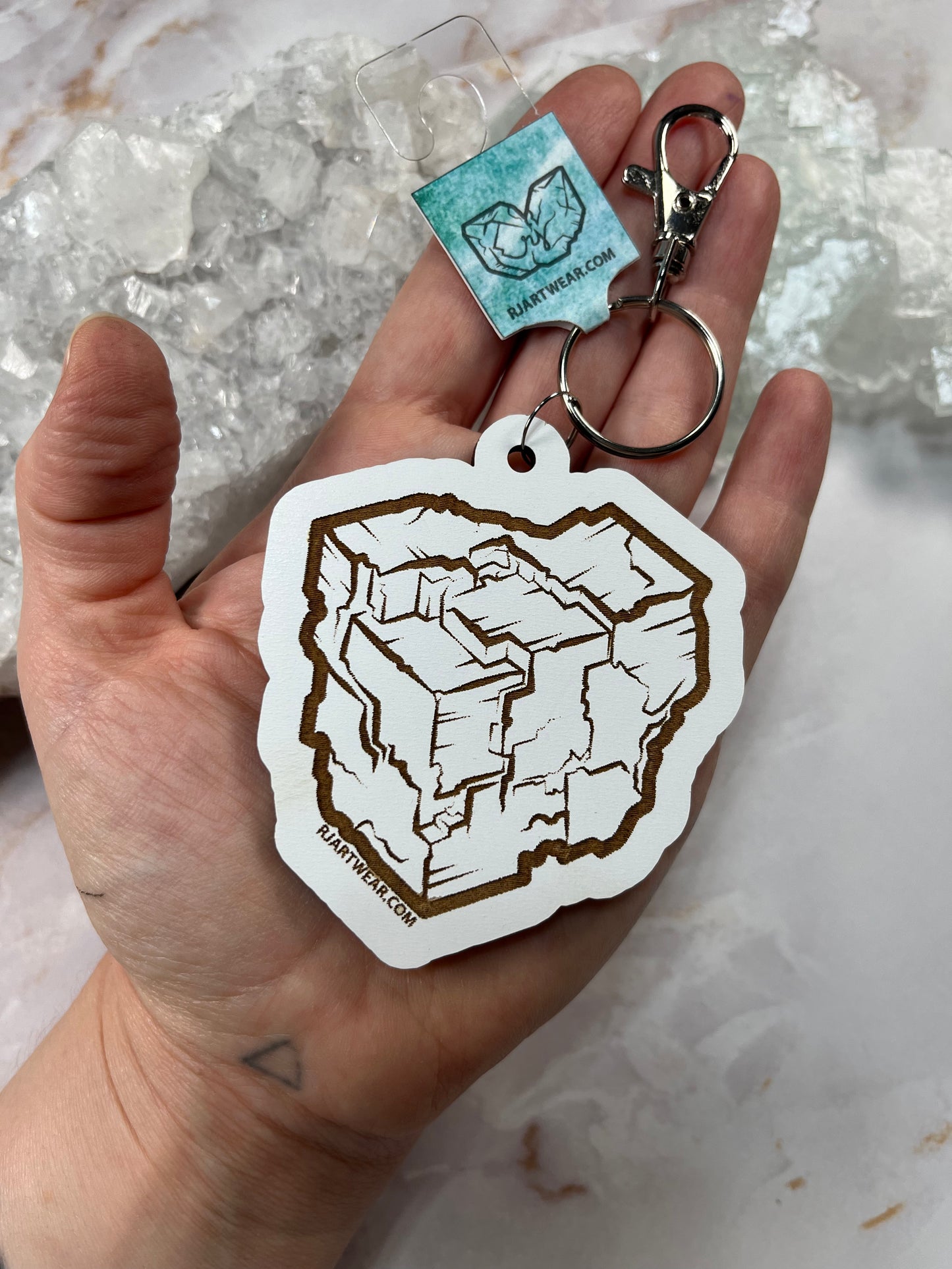 Fluorite Cube Keychain - White Wood Chipboard