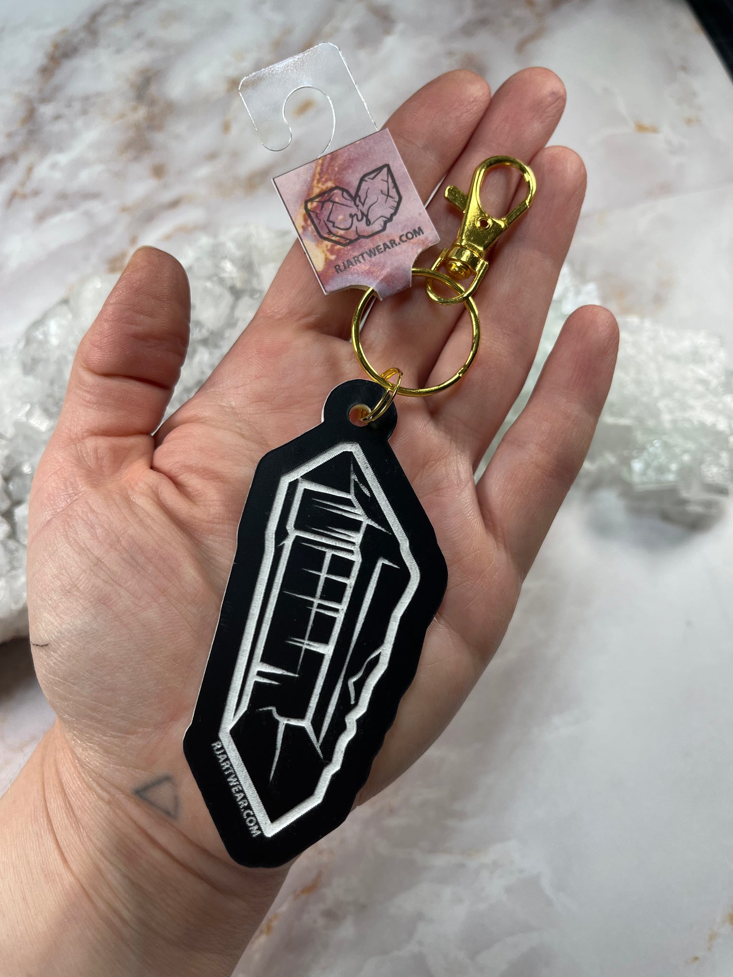 Double Terminated WA Quartz Keychain - Black & White Acrylic