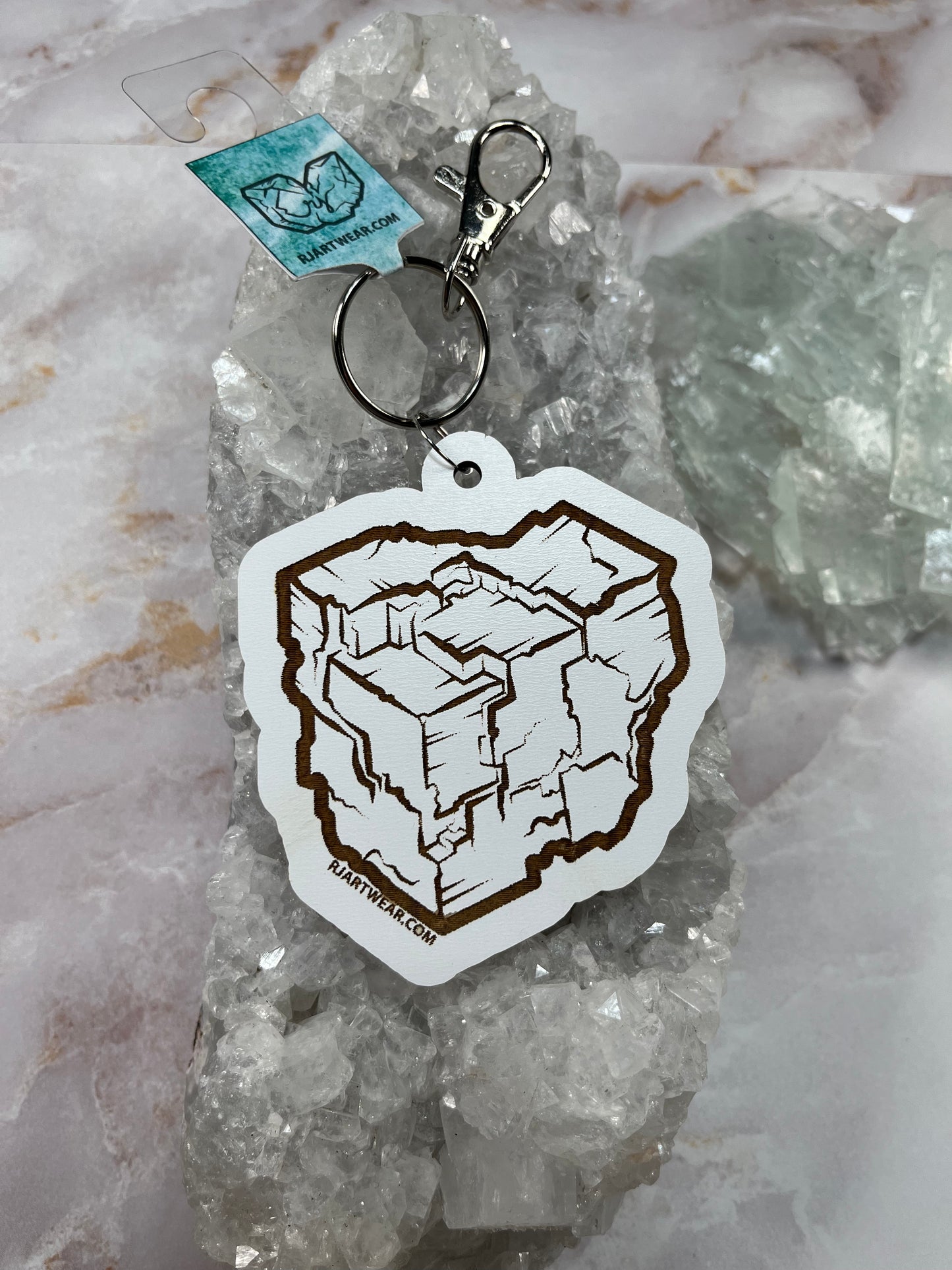 Fluorite Cube Keychain - White Wood Chipboard