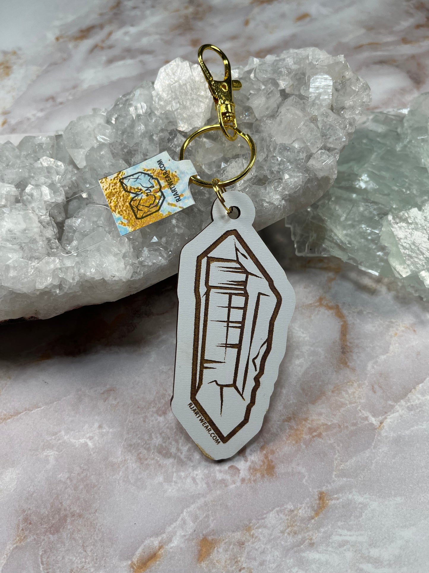 Double Terminated WA Quartz Keychain - White Wood Chipboard