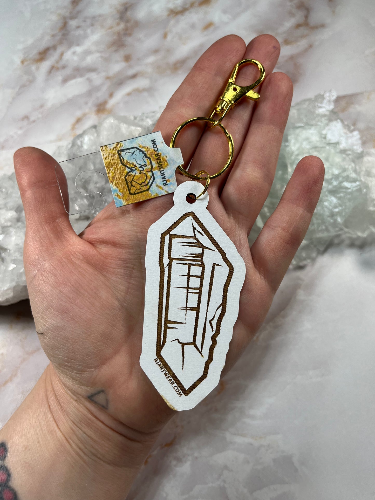 Double Terminated WA Quartz Keychain - White Wood Chipboard