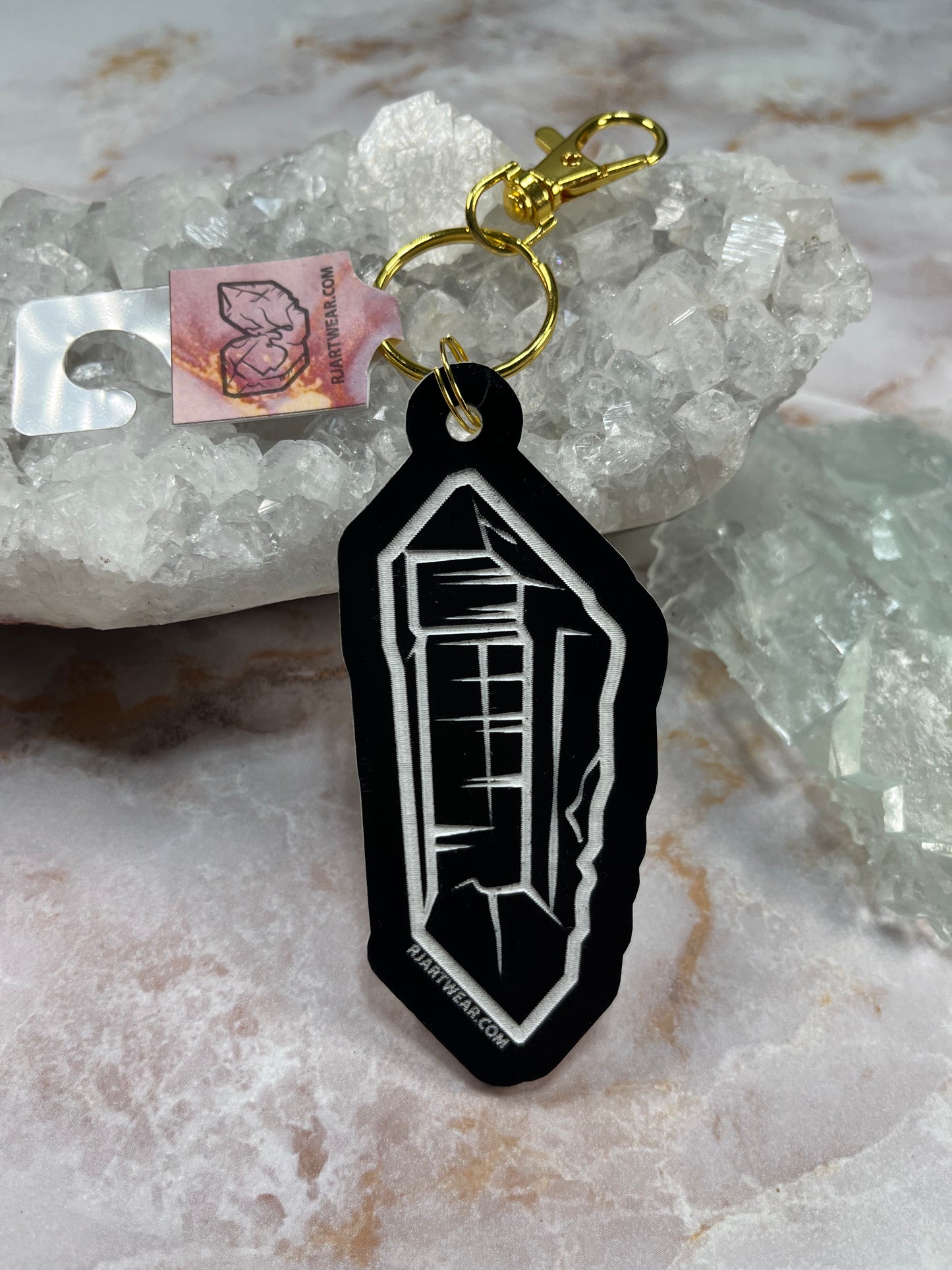 Double Terminated WA Quartz Keychain - Black & White Acrylic