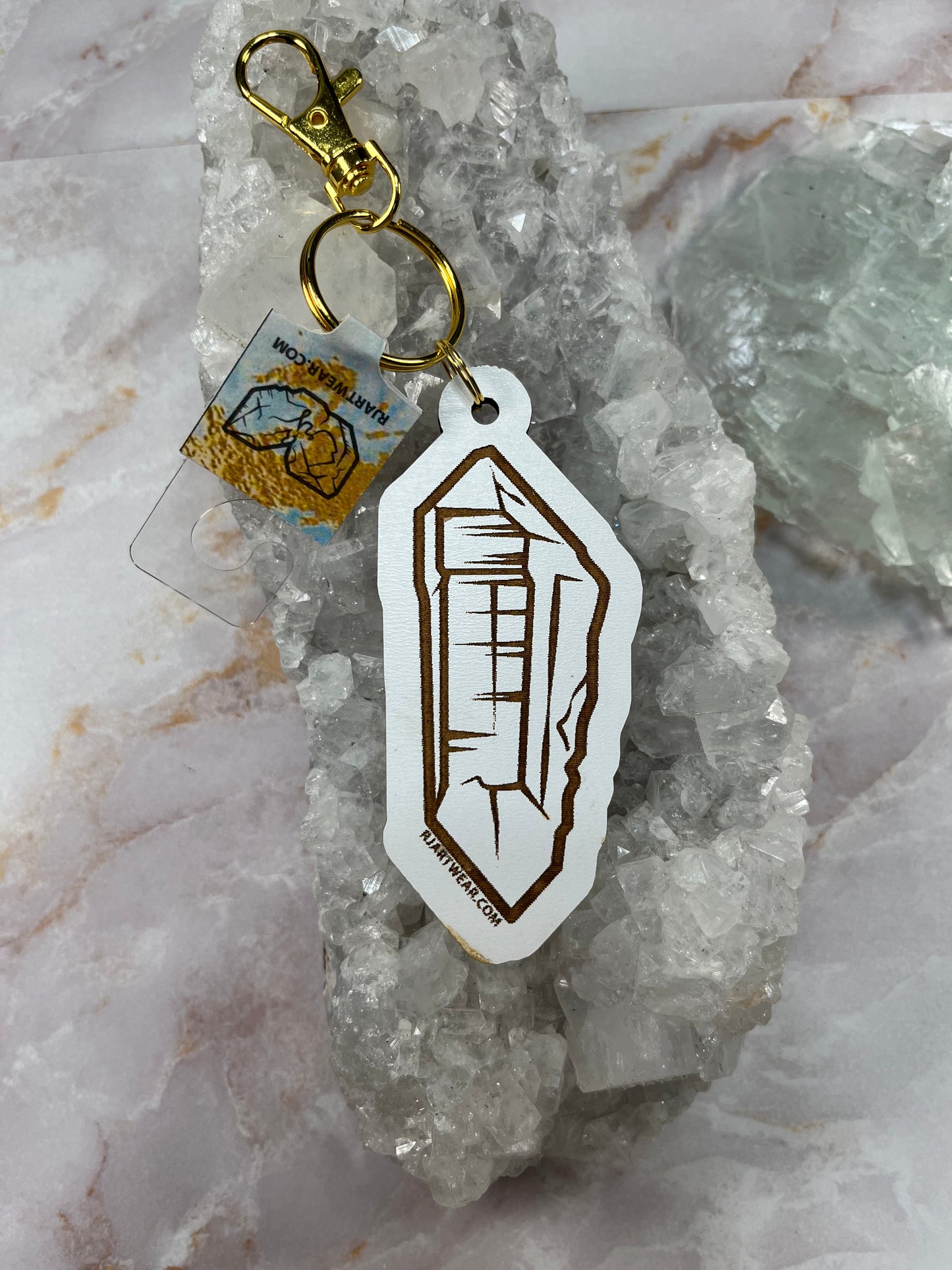 Double Terminated WA Quartz Keychain - White Wood Chipboard