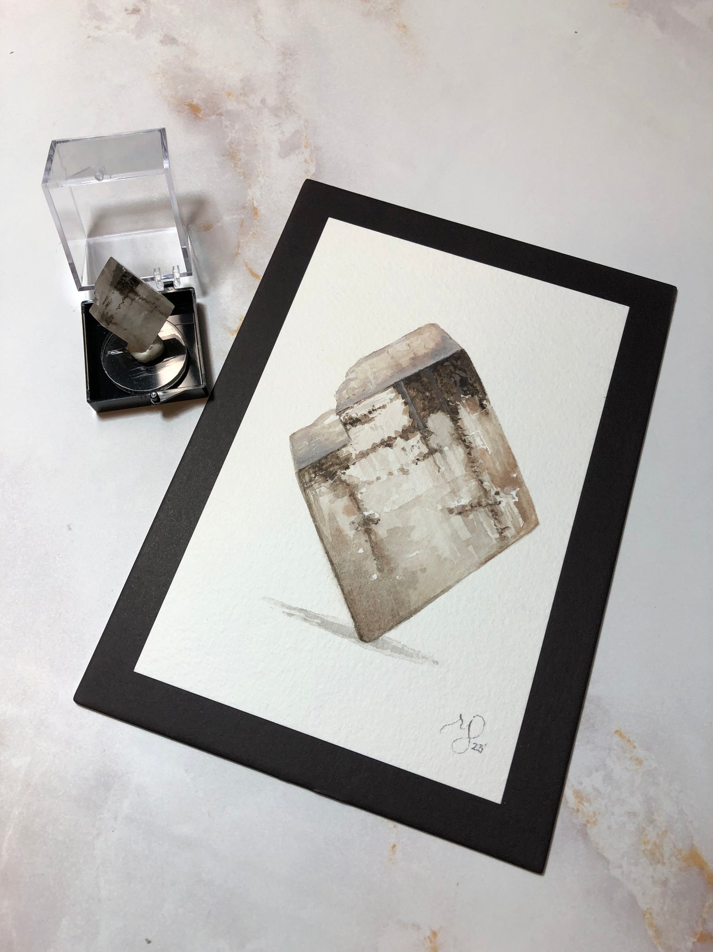 UV rhombus AZ Calcite with Watercolor painting.